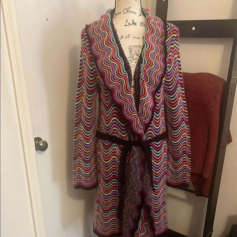 Sonia Bogner Colorful Boho Belt Tie Sweater Cardigan Vibrant Festival Feminine